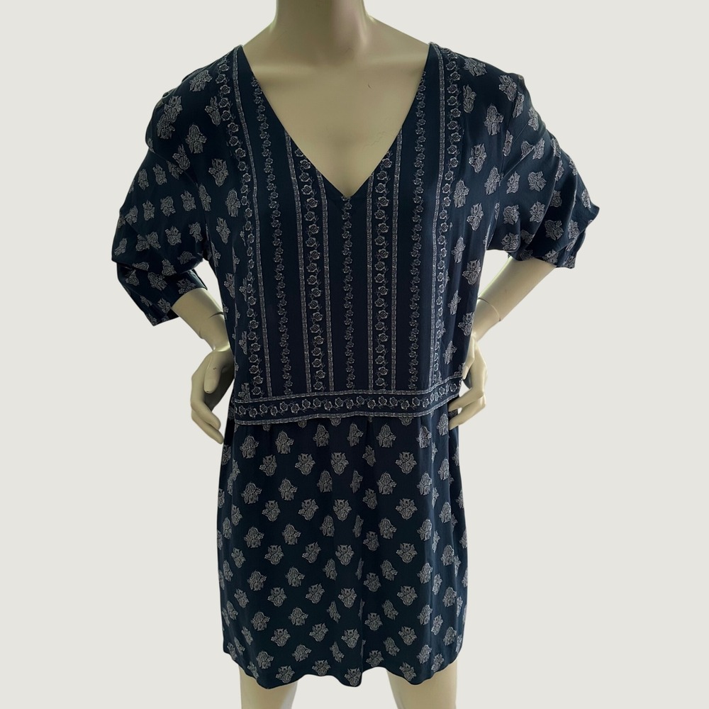 J. Jill Navy‎ Blue White Floral Geometric V-Neck Viscose Dress Womens Large L